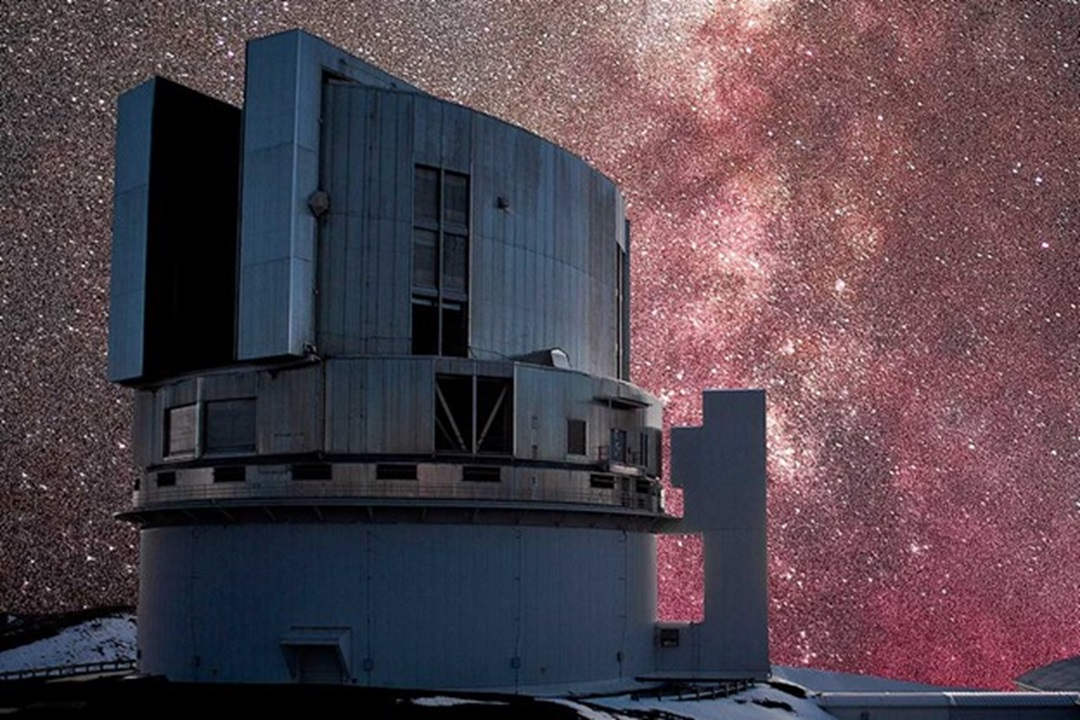 Telescope on mountain looking at milky way stars night sky