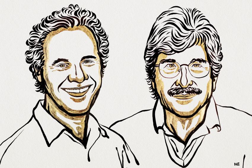 An illustration of two men in black and gold ink. The man on the left has short curly hair and is wearing a collared shirt, the man on the right has wavy hair, glasses, and a moustache and is wearing a collared shirt,