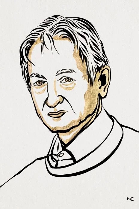Line drawing of scientist in jumper and shirt