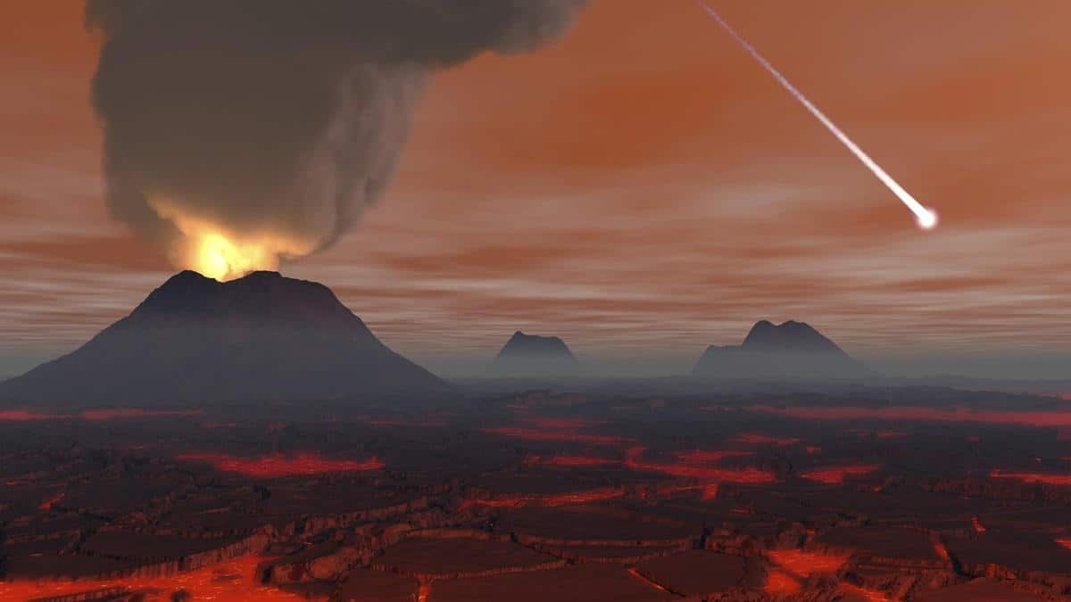 Artist's concept showing how the surface of earth appeared during the hadean eon