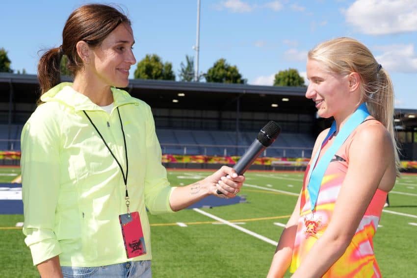 Running shores: kara goucher interviews allie zealand (r) after allie won the girls two miles in 9:41. 76 at renton memorial stadium, washington, on june 12, this year. (photo by kirby lee/getty images)