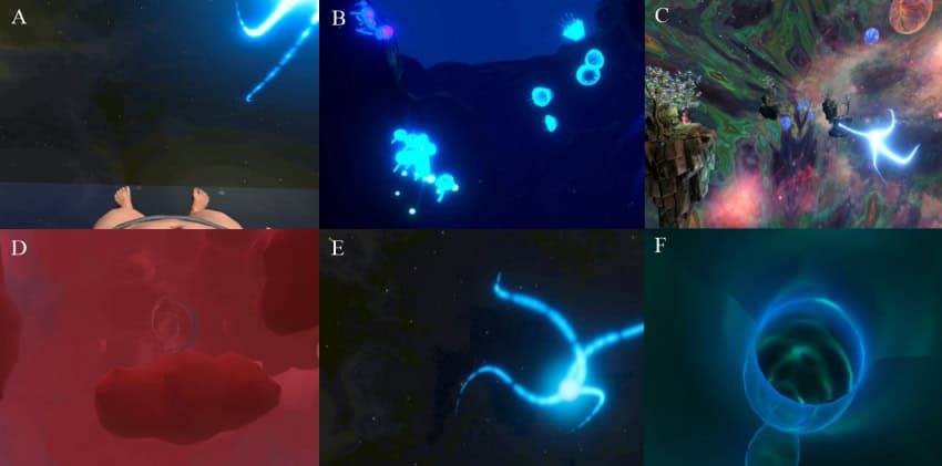 A compilation of 6 images showing colourful virtual reality landscapes