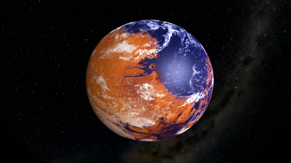 Artist's concept of an early mars with liquid water on its surface