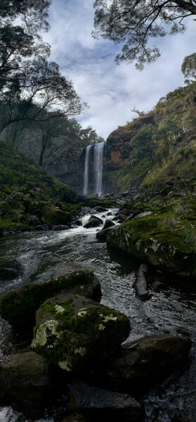 A waterfall and a stream in the bush.