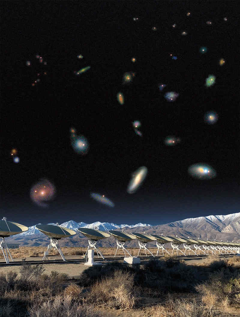 Radio array antennas under sky full of galaxies