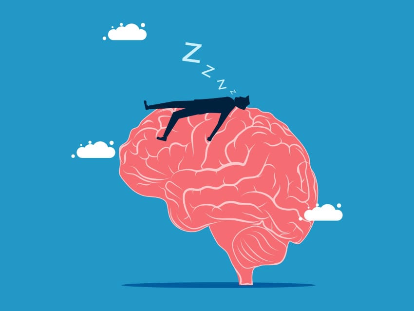An illustration of a man laying on a pink brain against a blue background. There are white clouds floating around and z's trailing away from his head, indicating he is asleep.