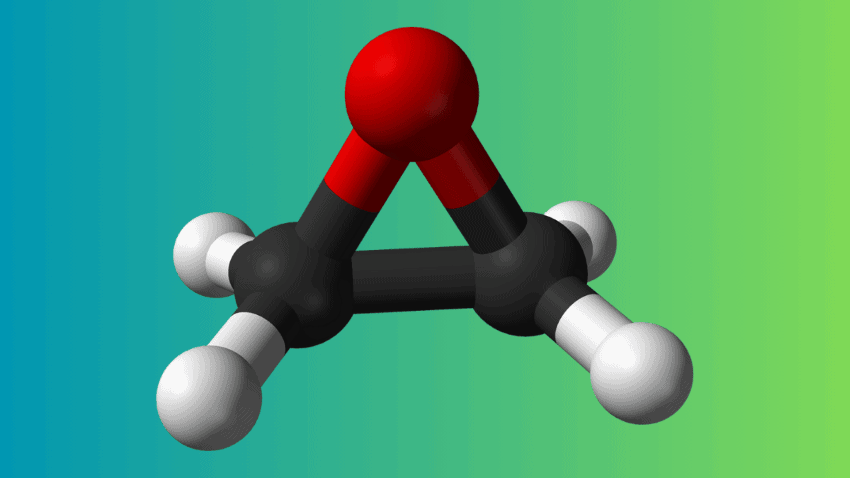An illustration of a molecule in red, black, and white against a blue and green gradient background