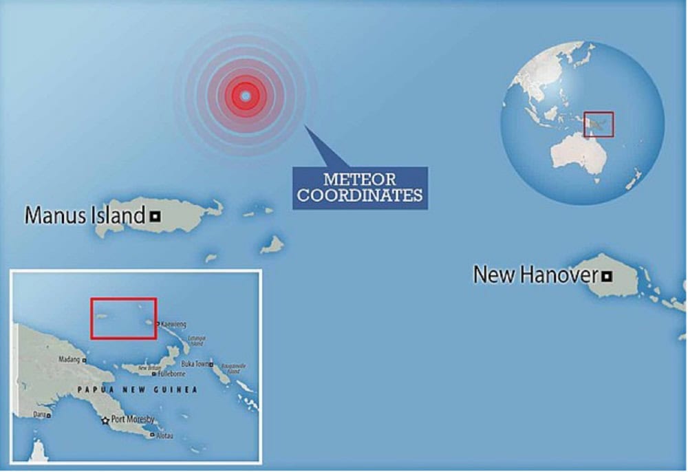Map of south pacific showing meteor location