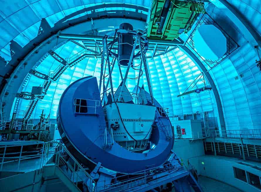 Inside of desi instrument astronomy telescope blue hue
