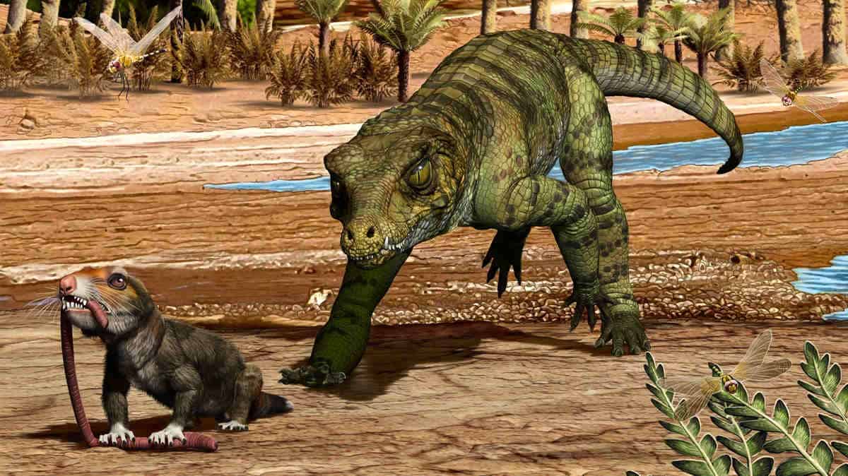 Upright crocodile sneaking on a small ancient mammal