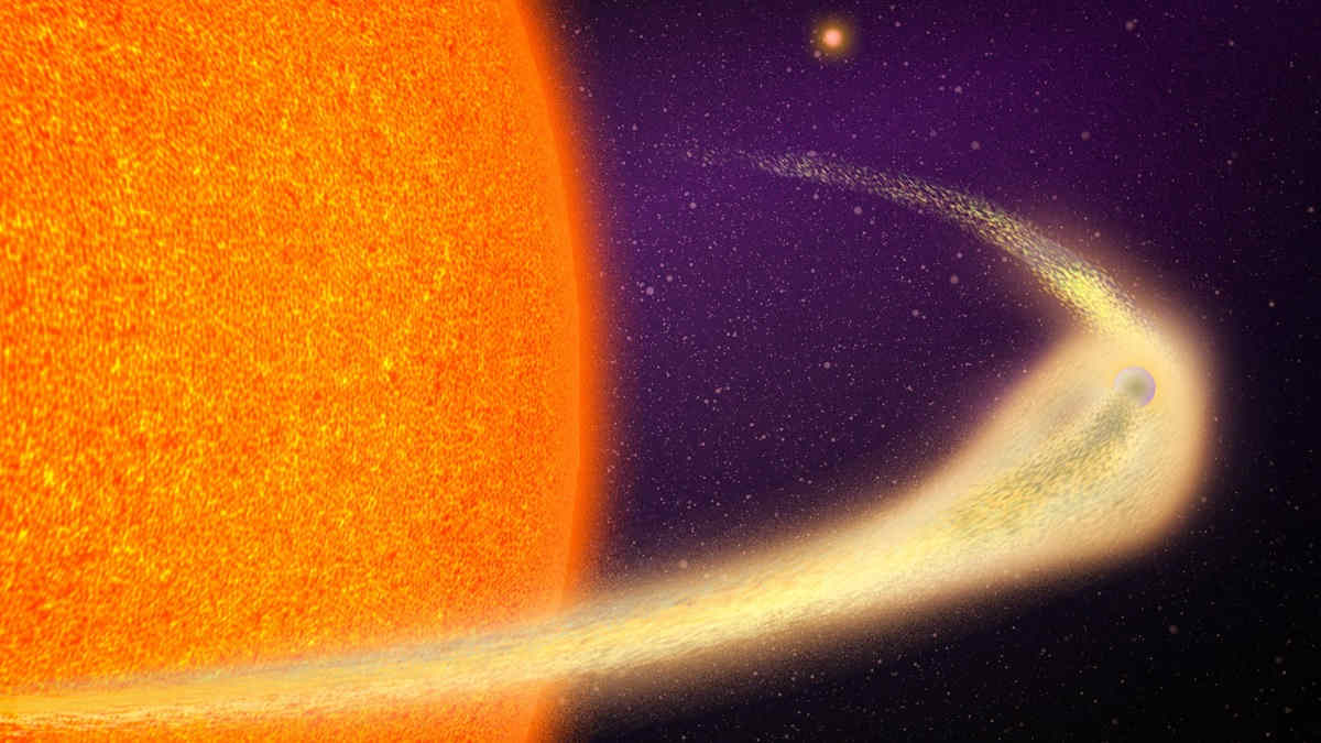 Illustration of disintegrating planet orbiting orange star