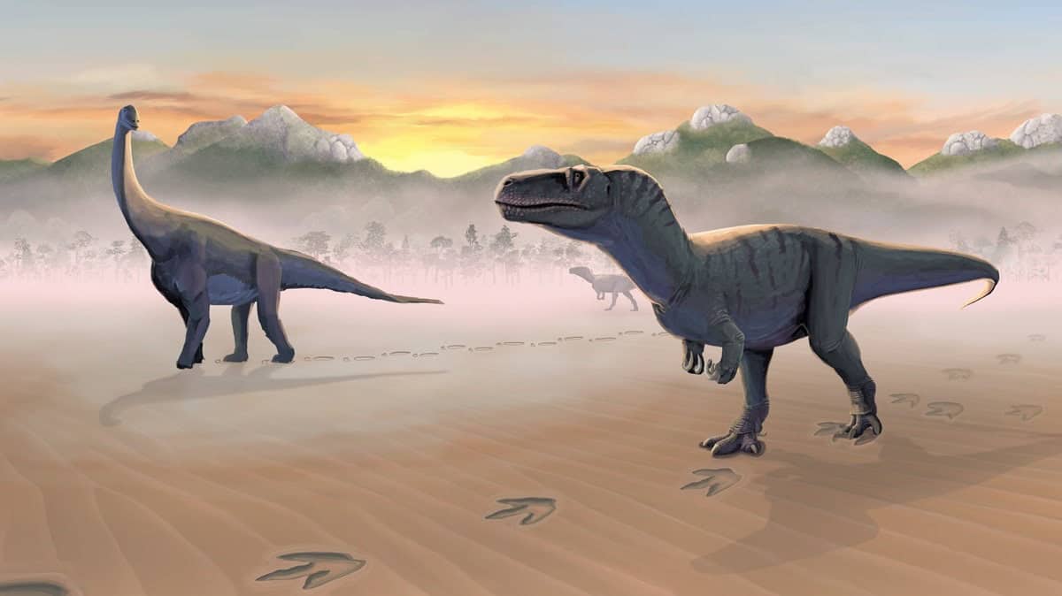 Painting of theropod dinosaur and sauropod leaving footprints in ripple sand