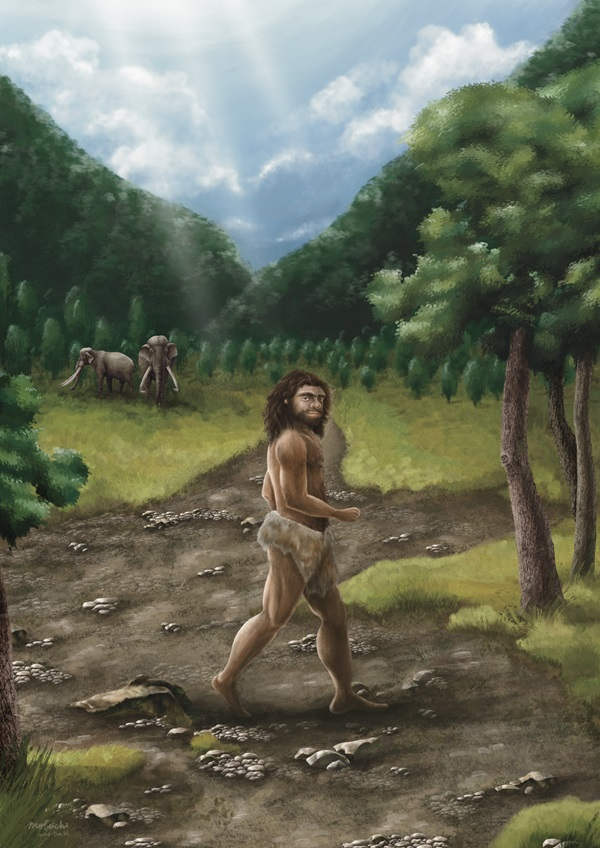 Drawing of ancient human denisovan with elephants in background