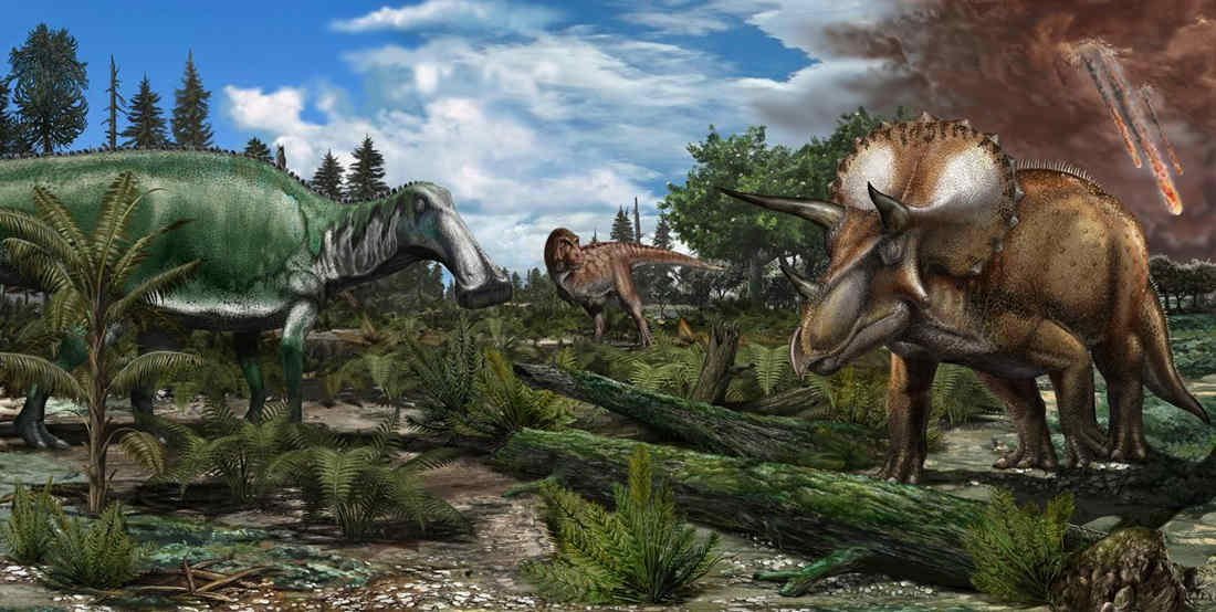 Dinosaurs on floodplain with asteroid in background