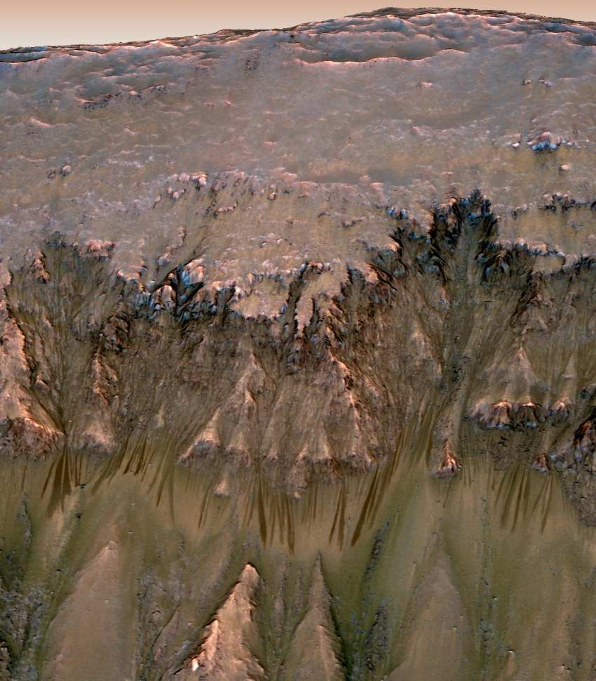 Computer generated image of the side of a martian crater showing small streaks moving downwards