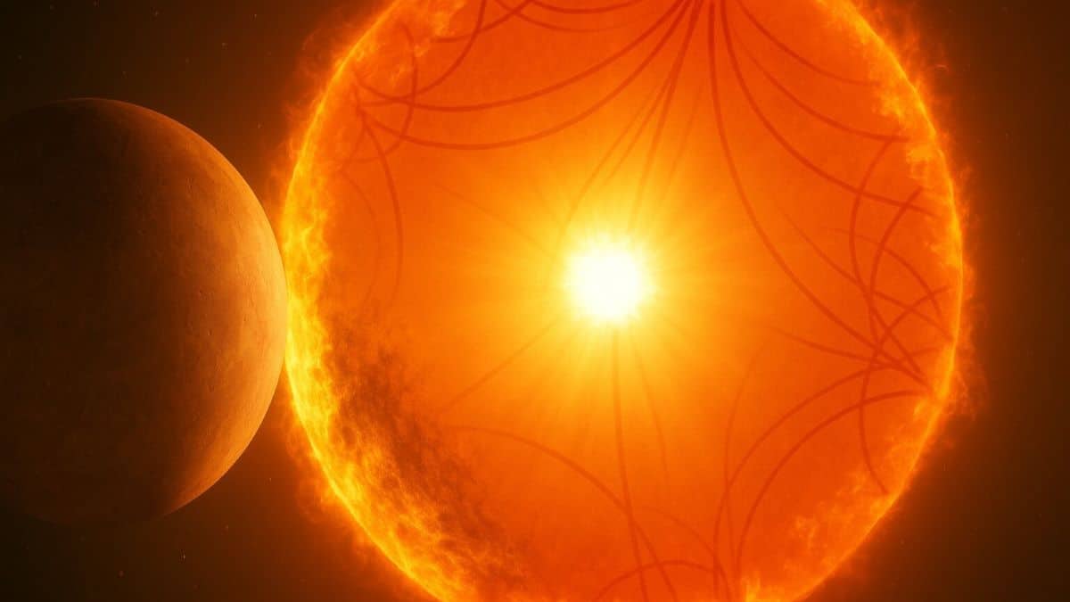 Artist concept of orange star with planet showing waves inside