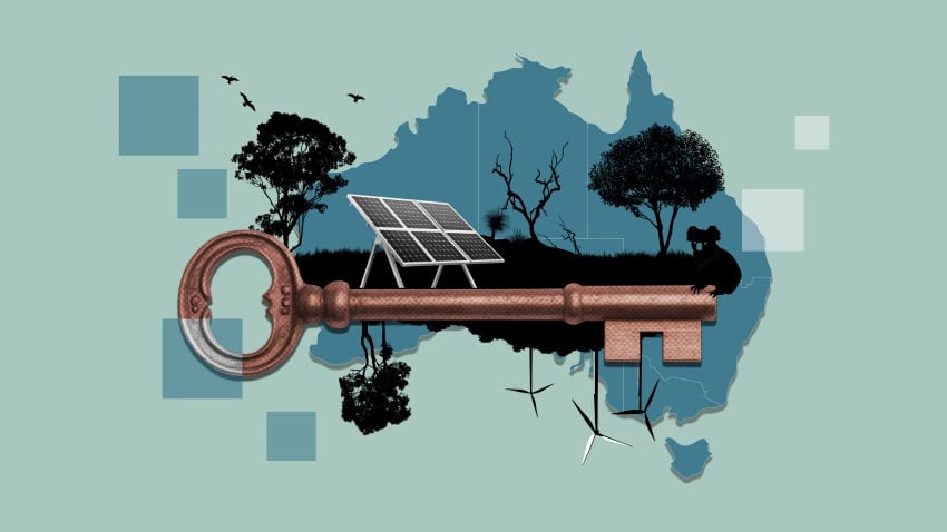 An illustration showing a map of australia in dark teal over a pale green background. There are black silhouettes of plants and wildlife overlaid with wind turbines and solar panels and a large key