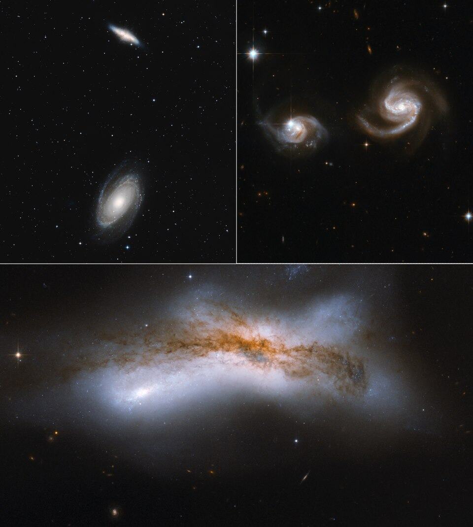 Three panel image of galaxies close to collision