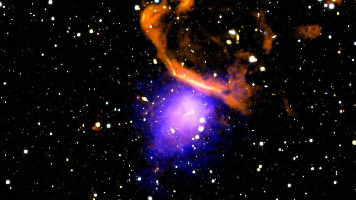Purple and and red image of galaxy cluster