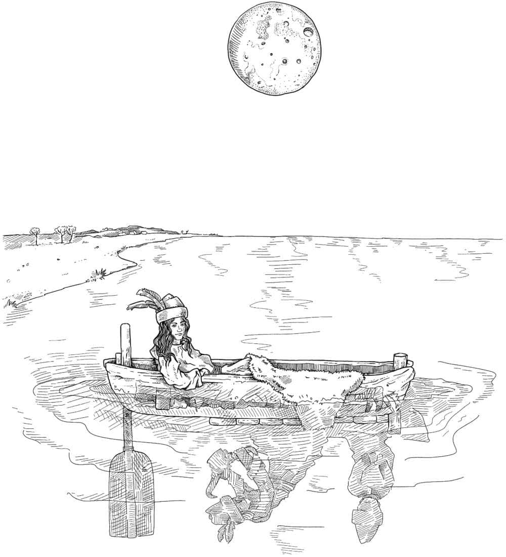 Drawing of woman in boat under moon