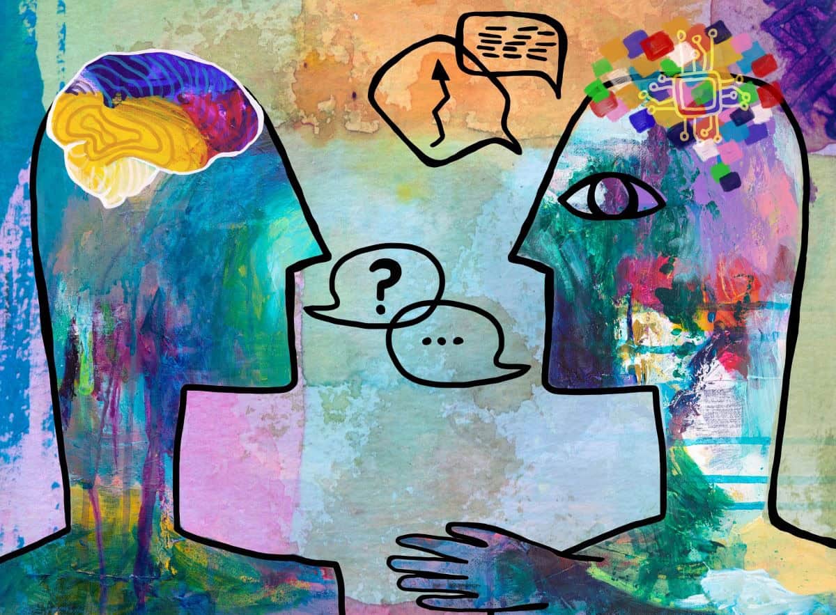 Abstract painting of human and ai robot communicating