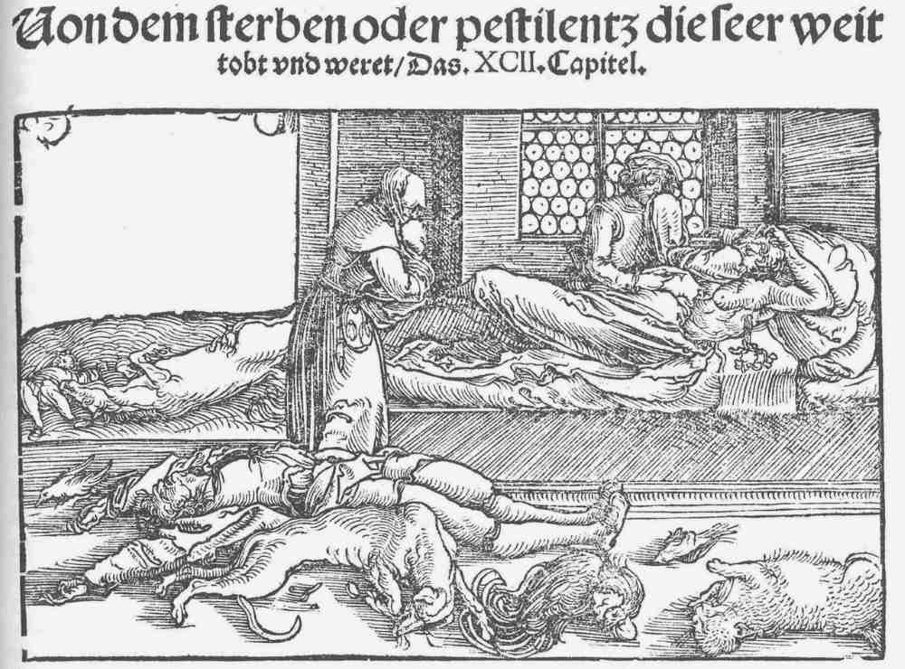 Medieval woodcut of dying plague patients