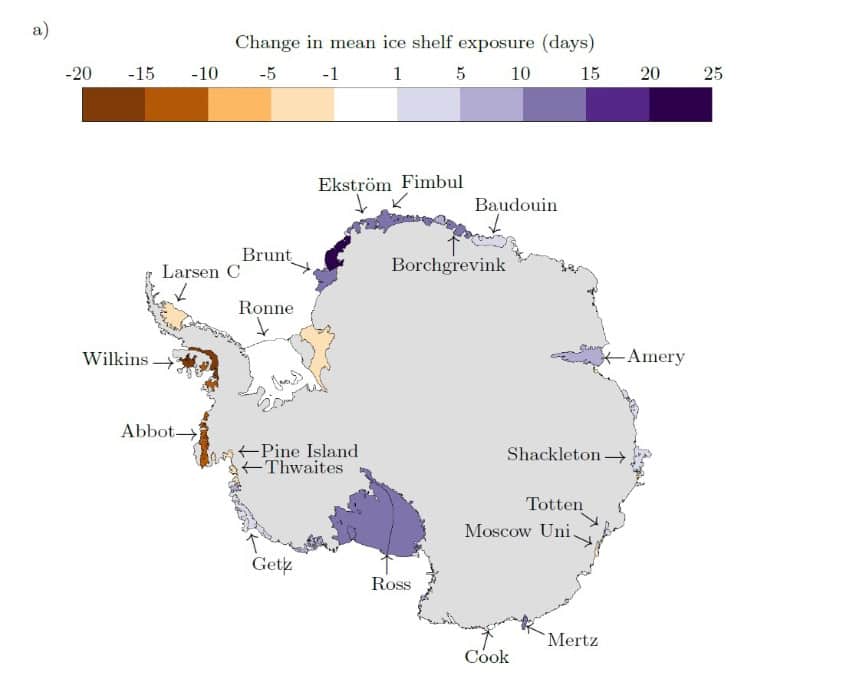 Ice shelf exposure days averaged over the five lowest sea ice area years compared to long term mean 2006 2019 850