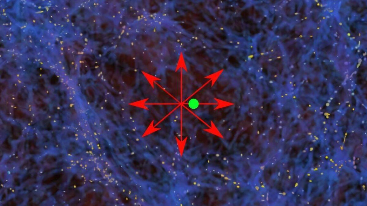 Artist impression of matter in universe with green dot and red arros