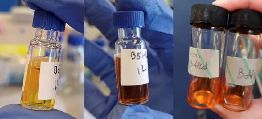 Small bottles containing amber liquid.