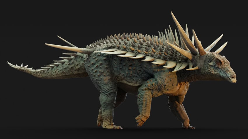 A digital illustration of a dinosaur with large spikes protruding from its neck, back, and tail