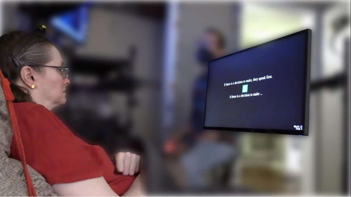 Study participant thinking of words which appear on monitor