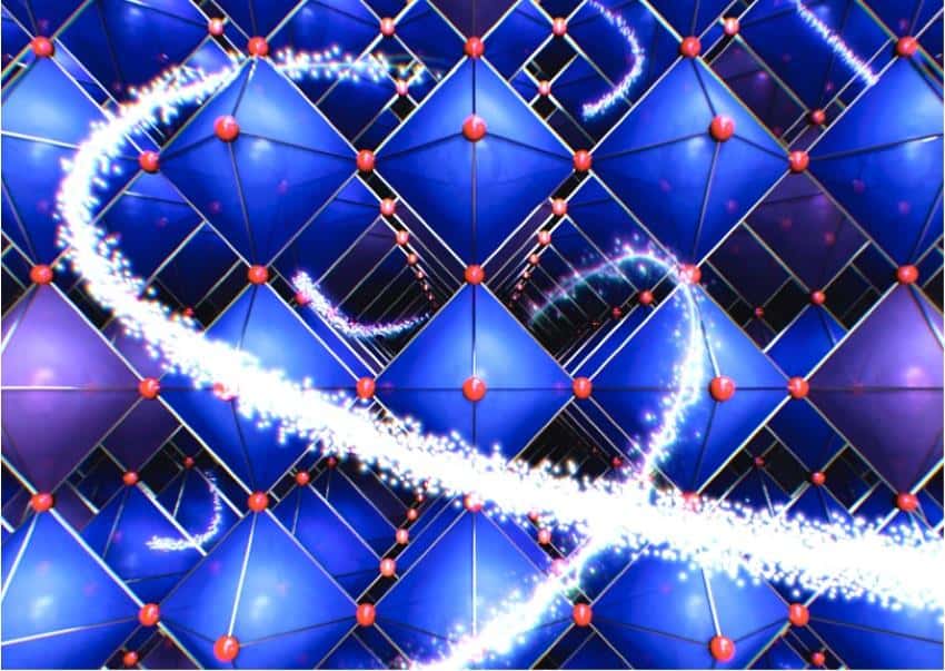An artist's interpretation of the inside of a crystal lattice with protons moving throughout