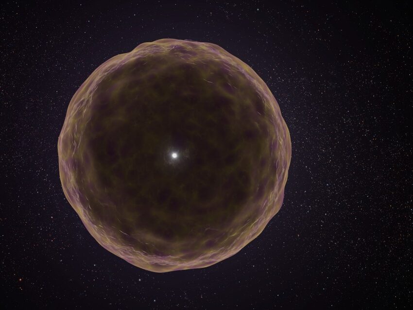 Artist's impression of a supernova remnant showing a shell of grey, yellow and purple matter surrounding a point of white light