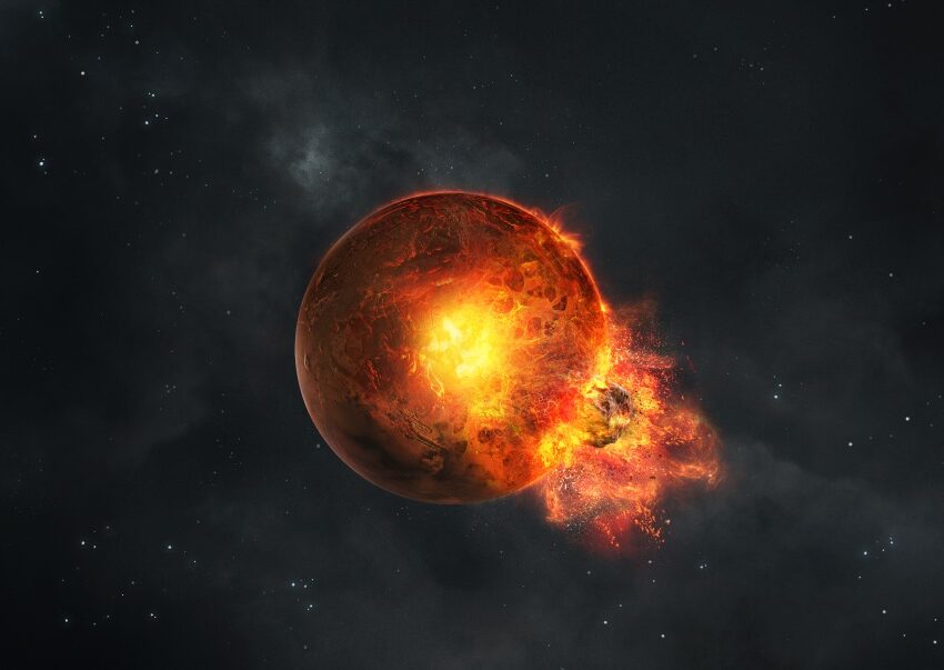 Illustration of mars being impacted by a massive asteroid