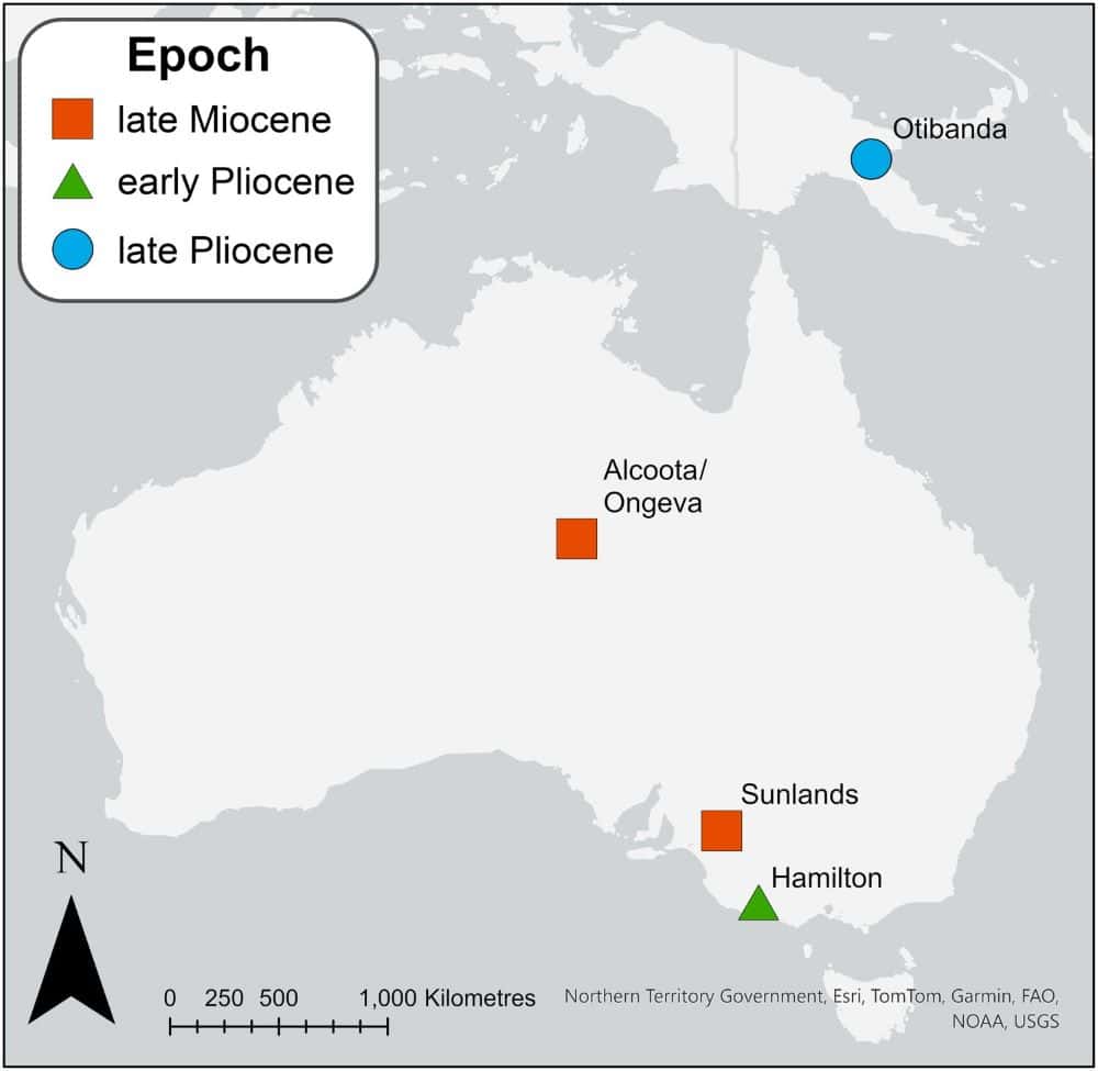 Map of australia with miocene and pleistocene dig sites marked