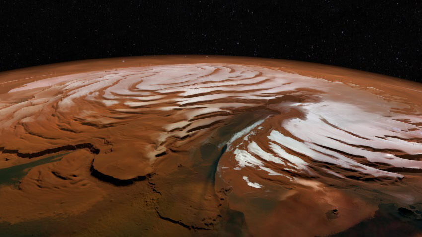 A red planet's north pole overlaid with snow
