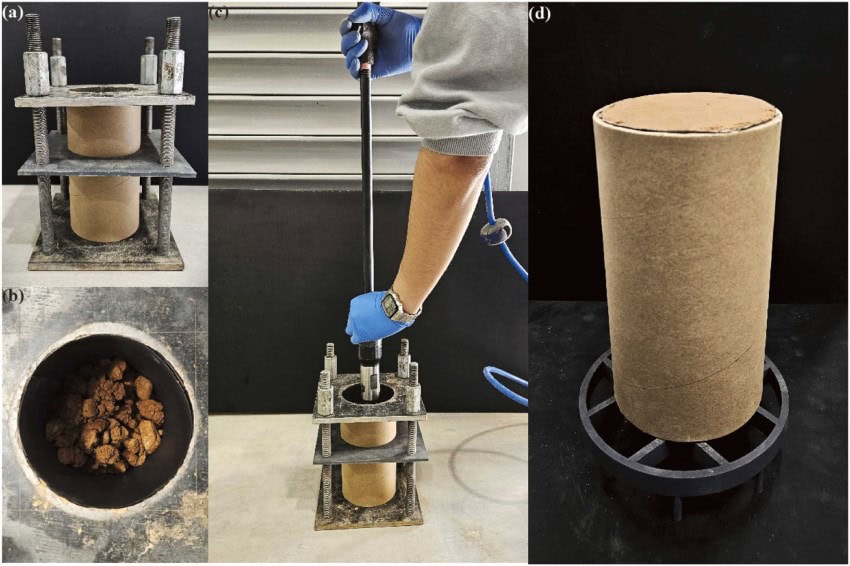 A compilation of images showing the process of filling a cardboard cylinder with soil and compacting it