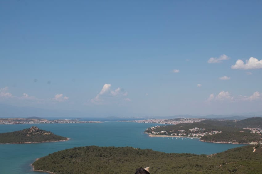 A coastline of buildings and vegetation butts up against a clear blue sea