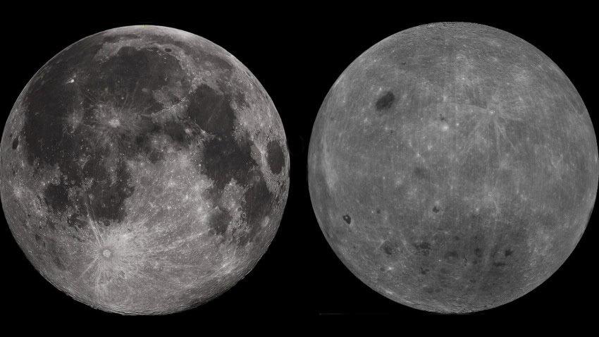 A composite image showing the near side of the moon with its familiar craters and dark spots and the far side of the moon which has more craters but less dark basalt