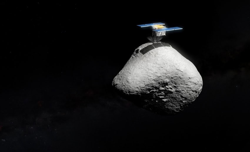 An illustration showing a spacecraft touching down on a grey asteroid which is about 3 times its size