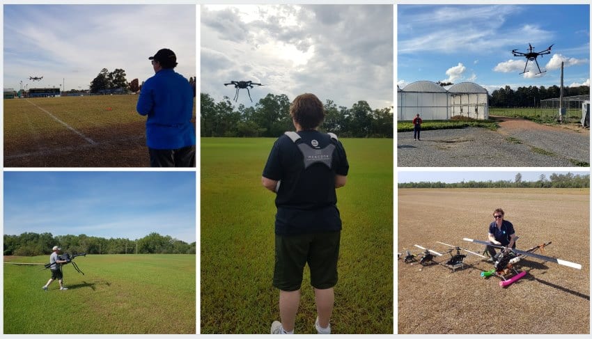 A collage of 5 photographs showing a woman piloting a variety of drones