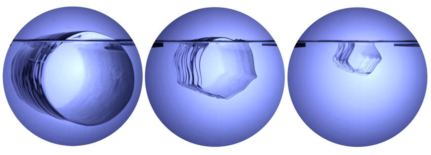 Three circular images showing a cylinder of ice as it progressively melts into a pentagon-like shape