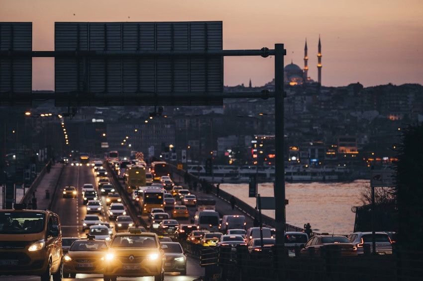 A traffic congested bridge at twilight
