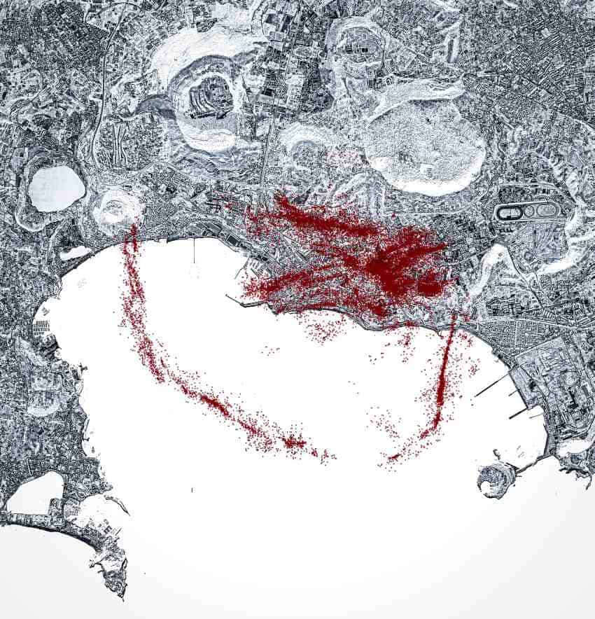 A black and white map of the bay of pozzuoli overlaid with red dots representing earthquakes