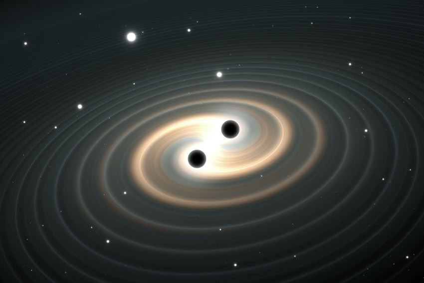 An illustration of 2 black holes orbiting each other