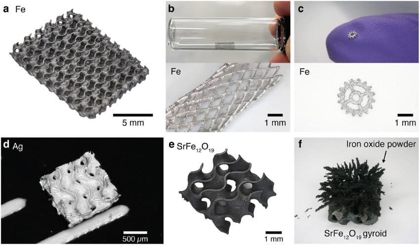 8 photographs of small metallic objects including square lattices, tubular stents and gears