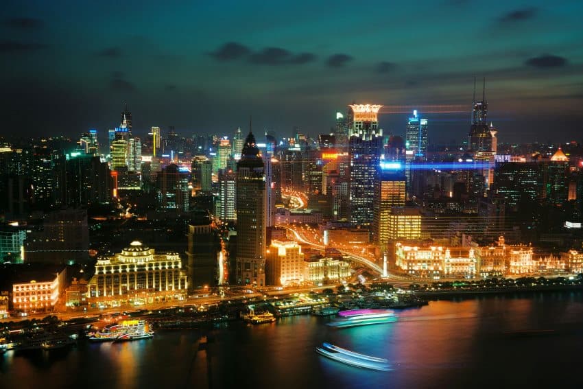 A nighttime photograph of shanghai city taken from the river