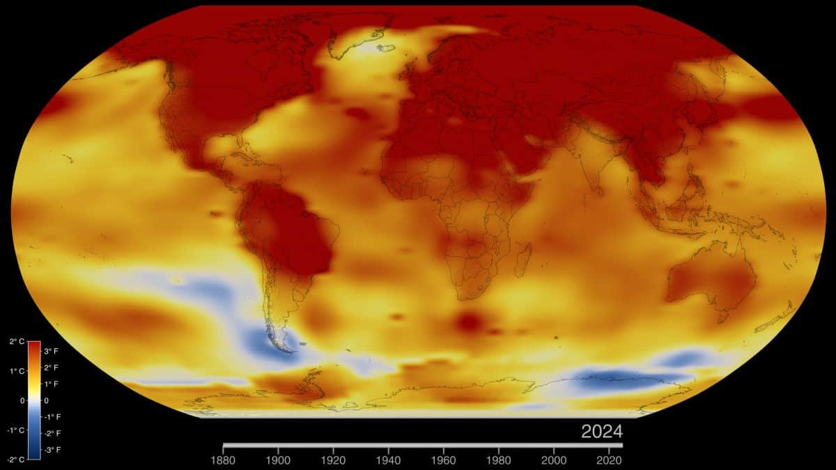 Global map of surface temperature anomalies, most of world is above +1 C anomaly with only cooler patches in sections of Antarctica and southeast Pacific Ocean