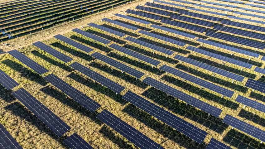 Aerial view of solar panels on solar farm