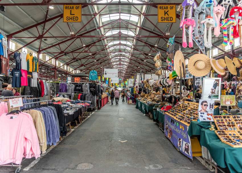 Market with clothes in stalls